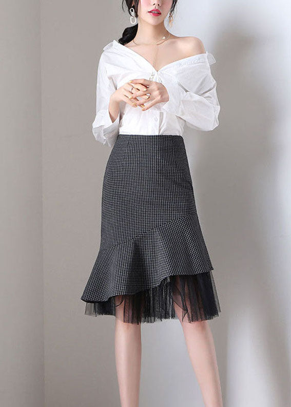 Slim Fit Grey Plaid Ruffles Patchwork Tulle Woolen Wraped Skirt Spring