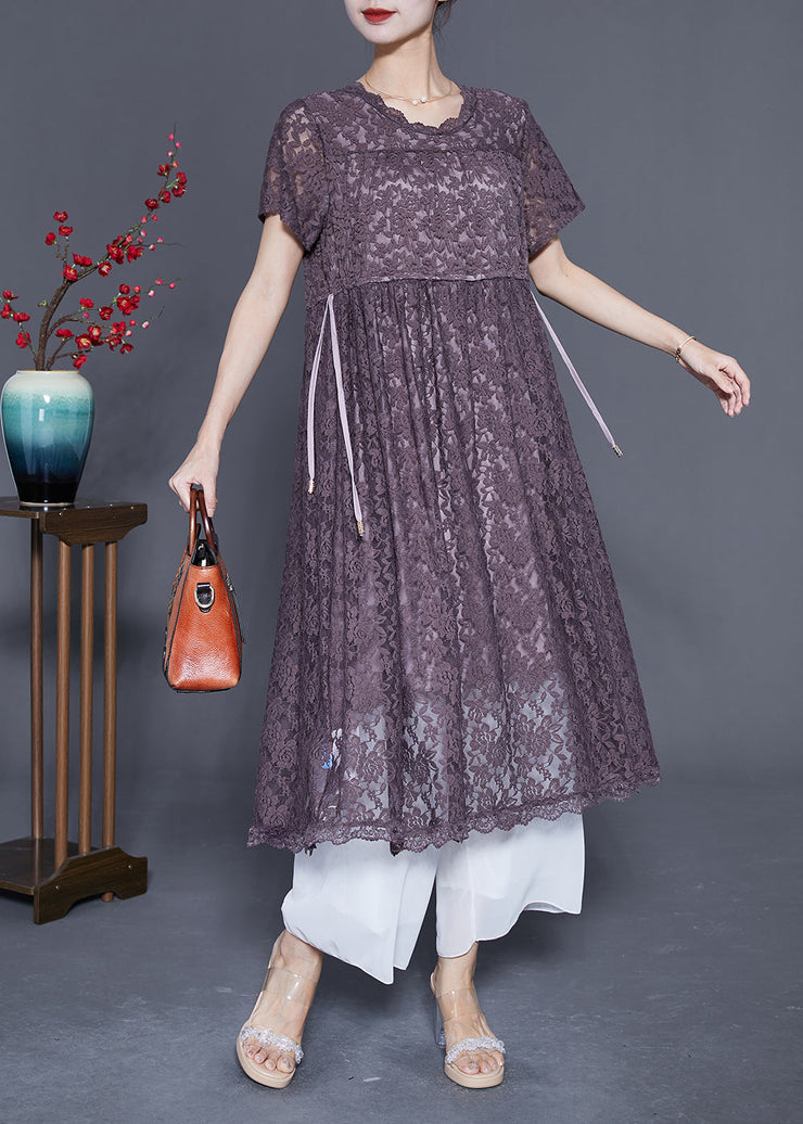 Slim Fit Grey Purple Cinched Hollow Out Lace Dress Summer