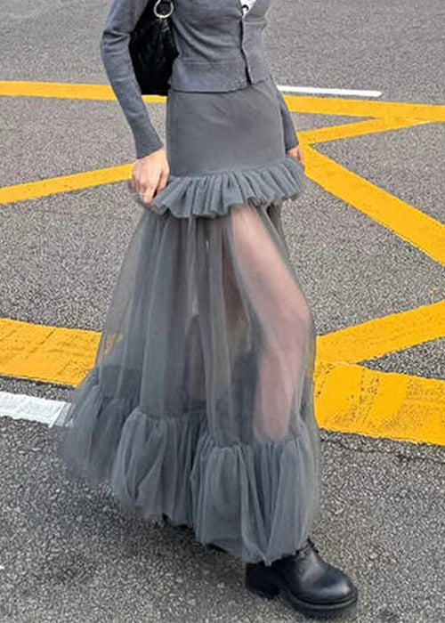 Slim Fit Grey Ruffled Tulle Patchwork Maxi Skirts Spring