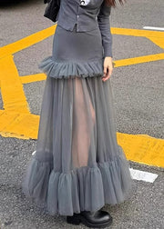 Slim Fit Grey Ruffled Tulle Patchwork Maxi Skirts Spring