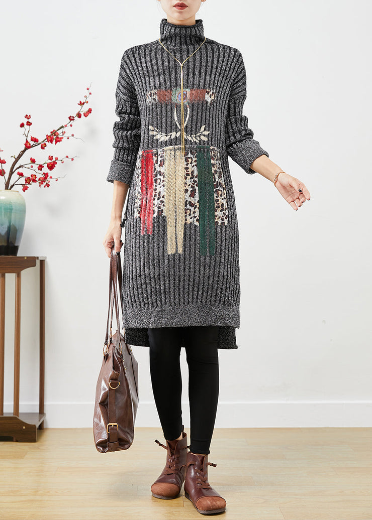 Slim Fit Grey Turtle Neck Print Knit Sweater Dress Fall