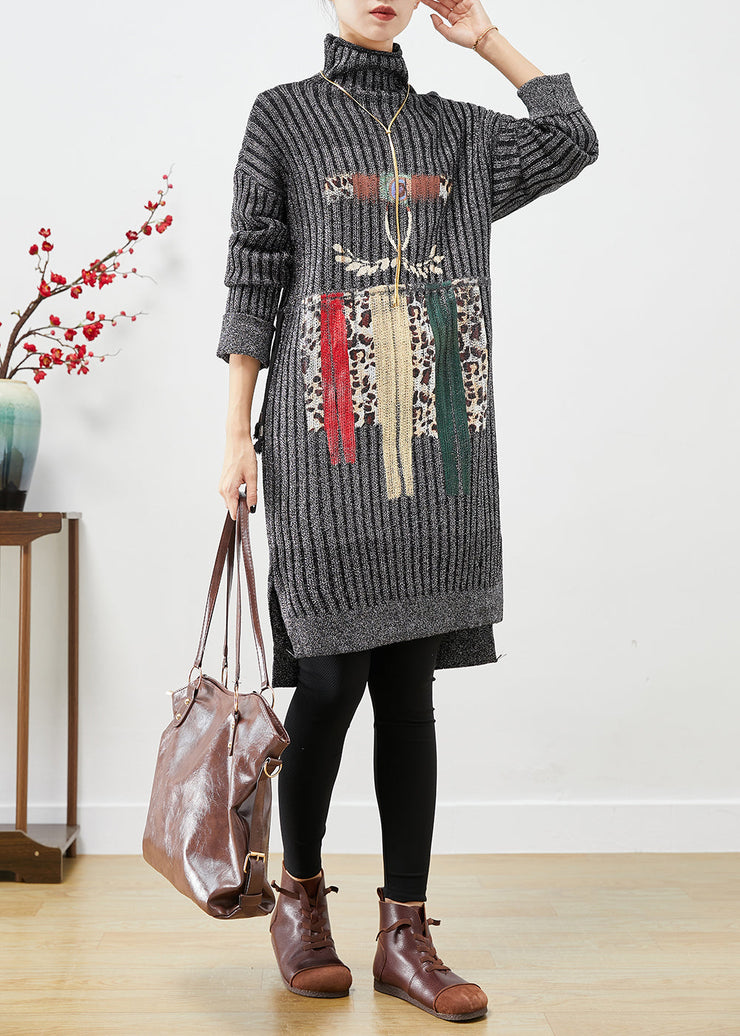 Slim Fit Grey Turtle Neck Print Knit Sweater Dress Fall