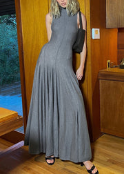 Slim Fit Grey Turtleneck Backless Cotton Long Dress Sleeveless