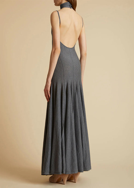 Slim Fit Grey Turtleneck Backless Cotton Long Dress Sleeveless