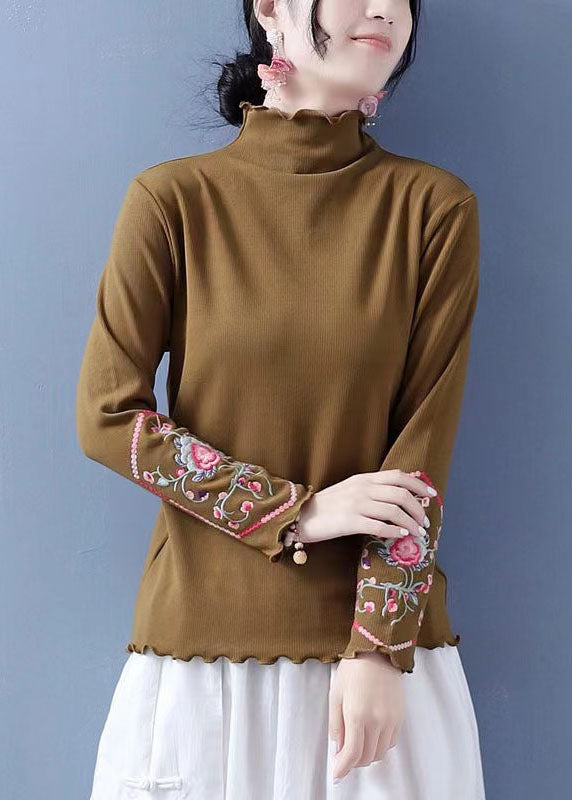 Slim Fit Khaki Ruffled Embroideried Cotton Blouses Spring