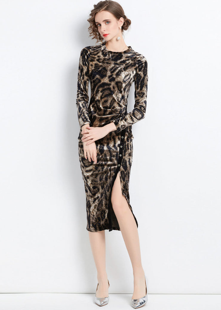 Slim Fit Leopard Print Side Open Wraped Silk Velour Dress Fall