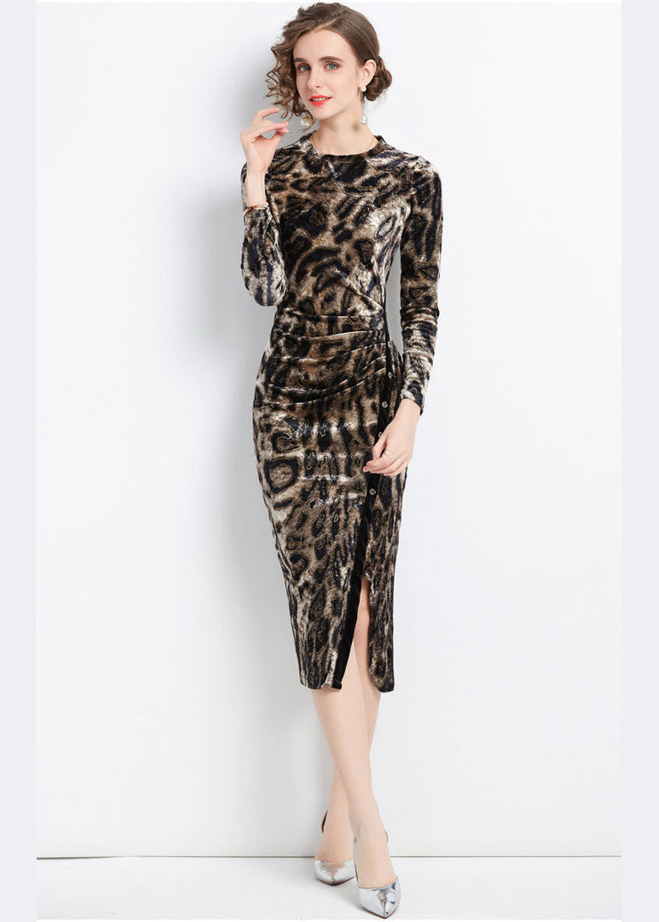 Slim Fit Leopard Print Side Open Wraped Silk Velour Dress Fall