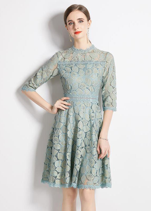 Slim Fit Light Blue Embroideried Patchwork Lace Dress Half Sleeve