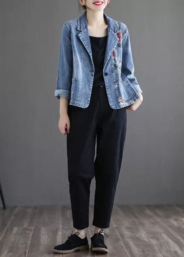 Slim Fit Light Blue Notched Collar Pockets Print Denim Coat Spring