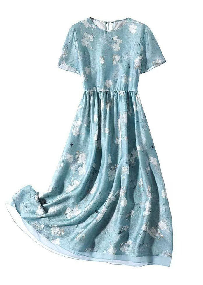 Slim Fit Light Blue O-Neck Patchwork Print Silk Dress Summer