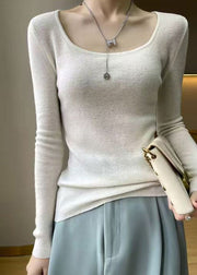 Slim Fit Light Camel O Neck Solid Wool Knit Top Fall