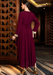 Slim Fit Maroon Asymmetrical Design Lace Patchwork Chiffon Maxi Dresses Long Sleeve