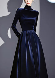 Slim Fit Navy Turtleneck Solid High Waist Silk Velvet Dresses Spring