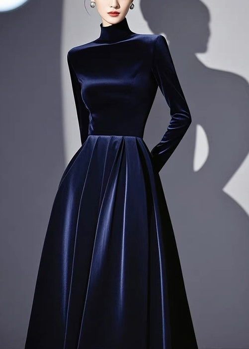 Slim Fit Navy Turtleneck Solid High Waist Silk Velvet Dresses Spring