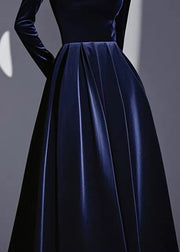 Slim Fit Navy Turtleneck Solid High Waist Silk Velvet Dresses Spring