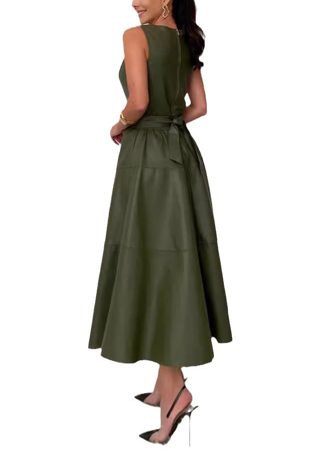 Slim Fit Olive Green Zippered Tie Waist Faux Leather Long Dress Sleeveless