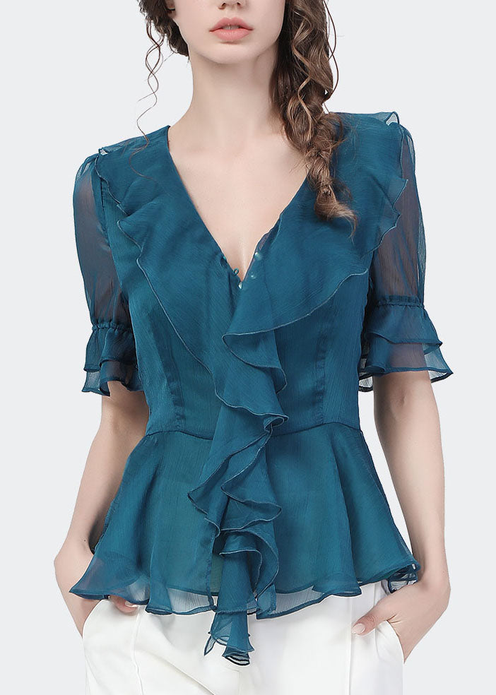 Slim Fit Peacock Blue V Neck Ruffles Solid Color Chiffon Cinch Shirt Top Short Sleeve