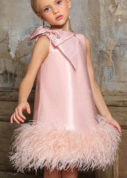 Slim Fit Pink Bow Tassel Silk Girls Long Dress Sleeveless