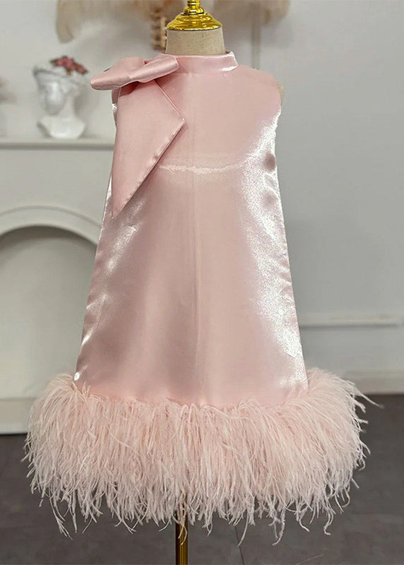 Slim Fit Pink Bow Tassel Silk Girls Long Dress Sleeveless