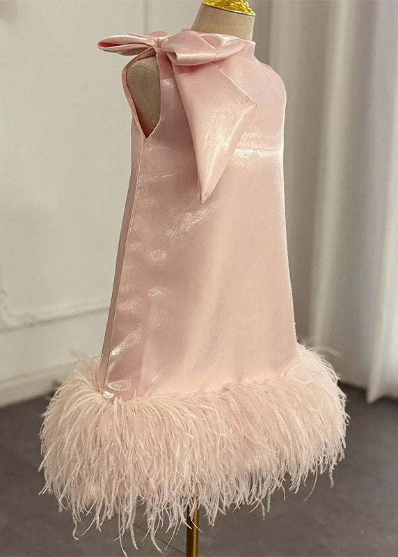 Slim Fit Pink Bow Tassel Silk Girls Long Dress Sleeveless