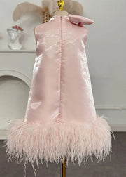 Slim Fit Pink Bow Tassel Silk Girls Long Dress Sleeveless