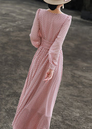 Slim Fit Pink Dot O Neck Chiffon Dresses Long Sleeve