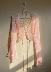 Slim Fit Pink Hollow Out Sequins Knit Top Long Sleeve