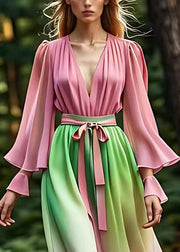 Slim Fit Pink V Neck Silk Long Dresses Long Sleeve