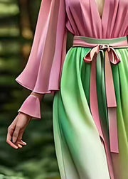 Slim Fit Pink V Neck Silk Long Dresses Long Sleeve