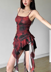 Slim Fit Red Asymmetrical Ruffled Cotton Spaghetti Strap Dress Sleeveless