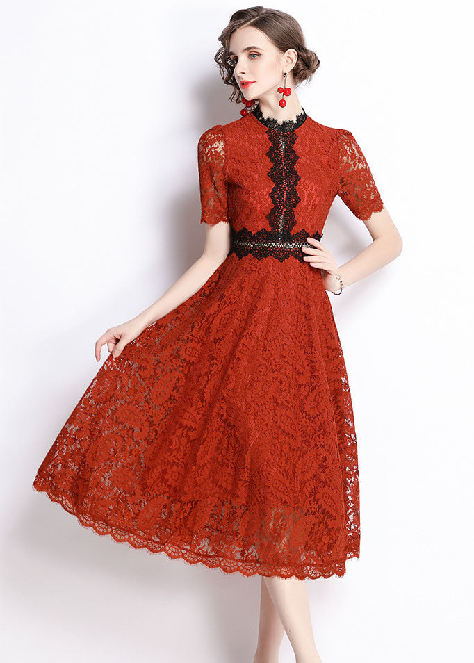 Slim Fit Red Embroidered Hollow Out Patchwork Lace Dress Summer