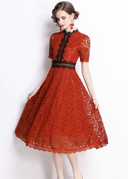 Slim Fit Red Embroidered Hollow Out Patchwork Lace Dress Summer