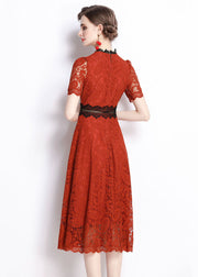 Slim Fit Red Embroidered Hollow Out Patchwork Lace Dress Summer