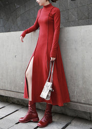 Slim Fit Red Side Open Solid Cotton Long Dress Spring