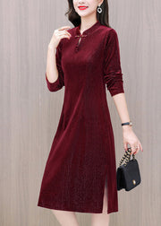 Slim Fit Red Stand Collar Button Silk Velour Long Dresses Long Sleeve