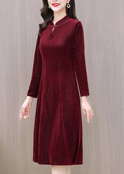 Slim Fit Red Stand Collar Button Silk Velour Long Dresses Long Sleeve