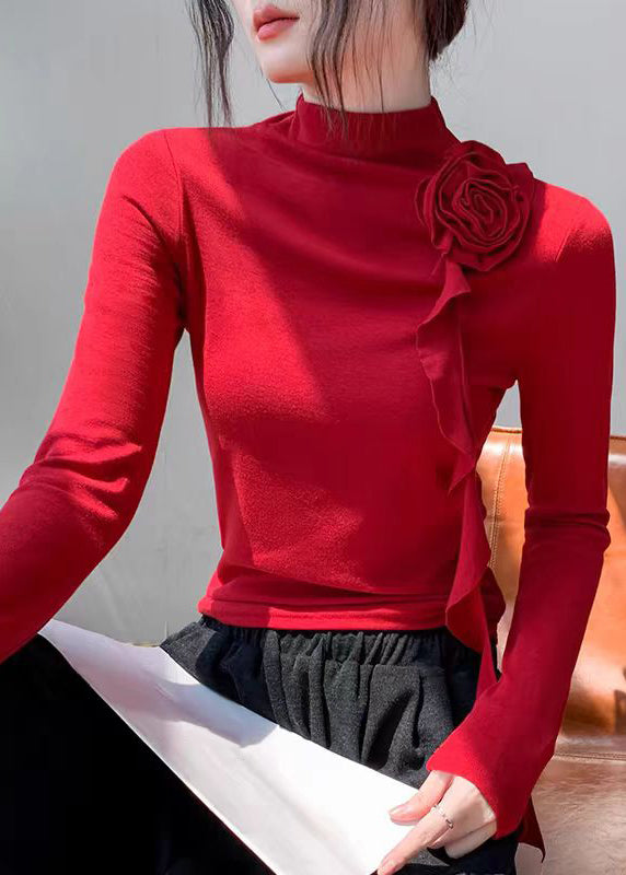 Slim Fit Red Turtleneck Rose Tassel Top Spring