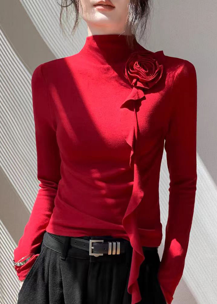 Slim Fit Red Turtleneck Rose Tassel Top Spring