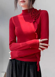 Slim Fit Red Turtleneck Rose Tassel Top Spring