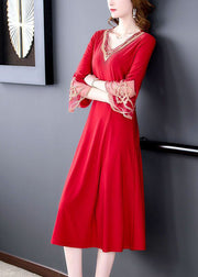 Slim Fit Red V Neck Patchwork Embroideried Silk Dresses Flare Sleeve