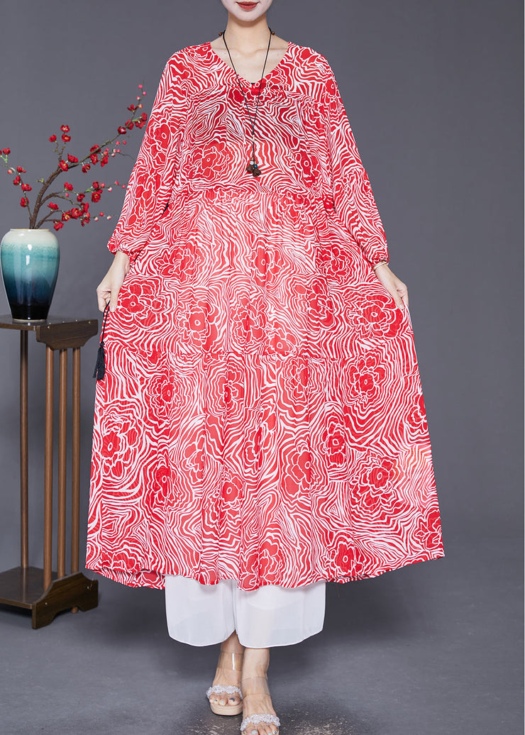 Slim Fit Red V Neck Print Chiffon Maxi Dresses Fall