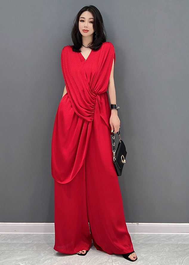 Slim Fit Red V Neck Striped Silk Jumpsuit Pants Summer