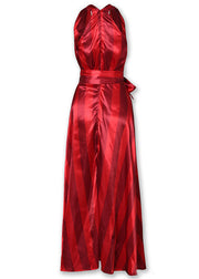 Slim Fit Red V Neck Tie Waist Cotton Dress Sleeveless