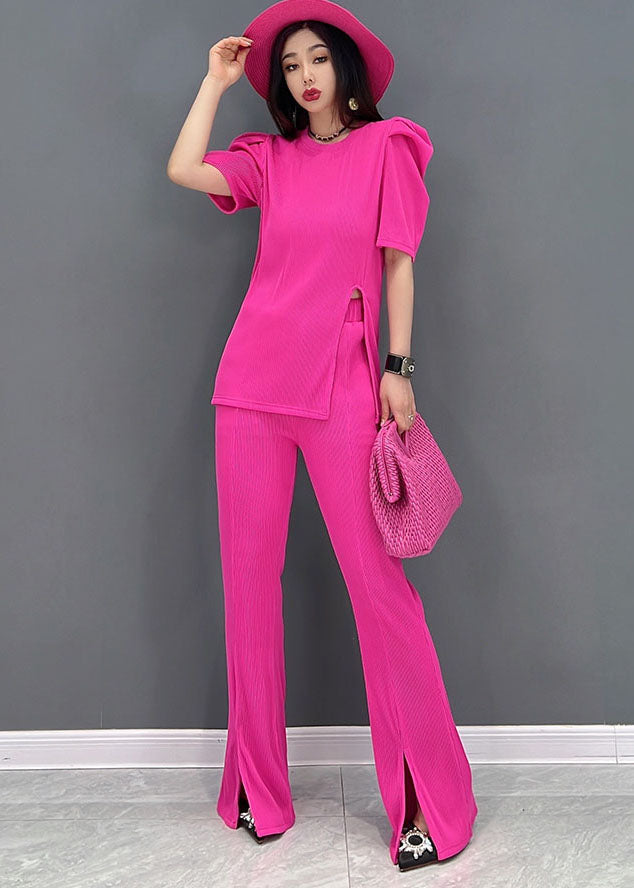 Slim Fit Solid Red O-Neck Side Open Cotton Two Piece Suit Set Short Sleeve