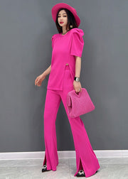 Slim Fit Solid Red O-Neck Side Open Cotton Two Piece Suit Set Short Sleeve