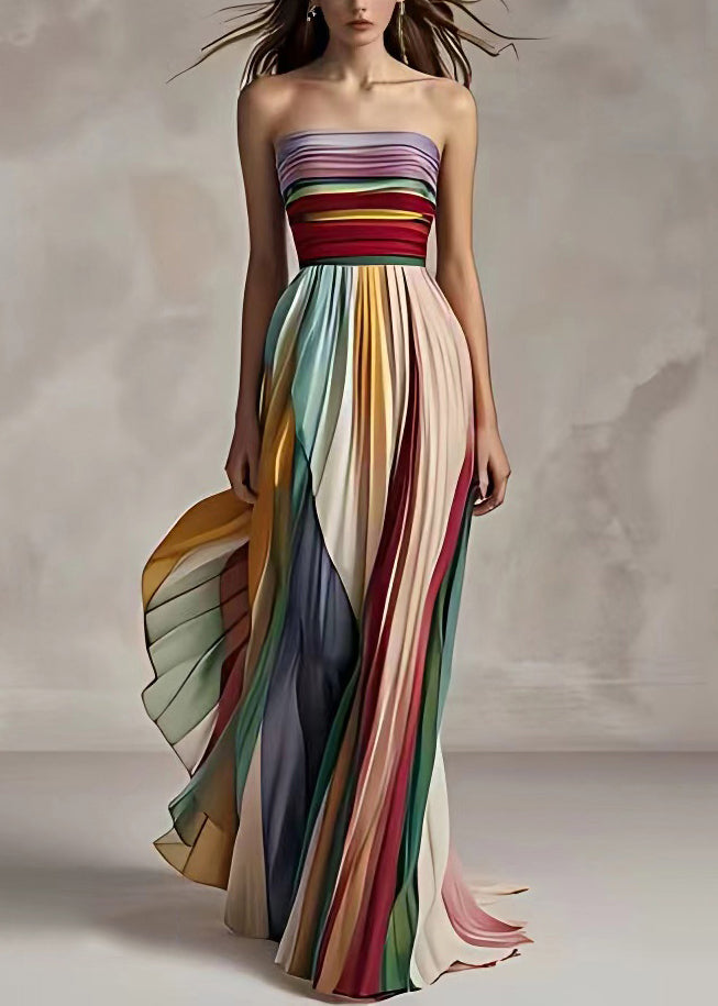 Slim Fit Striped Cold Shoulder Wrinkled Long Dress Sleeveless