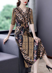 Slim Fit V Neck Cinched Print Chiffon Long Dress Summer