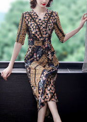 Slim Fit V Neck Cinched Print Chiffon Long Dress Summer