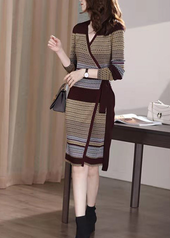 Slim Fit V Neck Print Tie Waist Knit Mid Dresses Long Sleeve