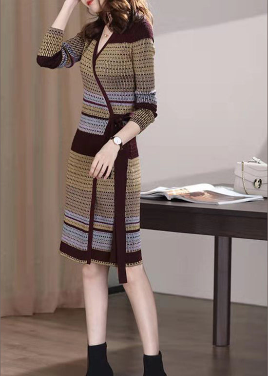 Slim Fit V Neck Print Tie Waist Knit Mid Dresses Long Sleeve